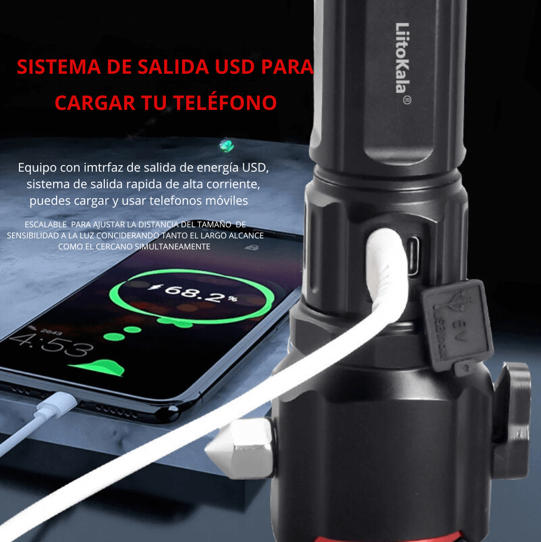 Linterna LED multifuncional de alta potencia con carga USB, martillo de seguridad